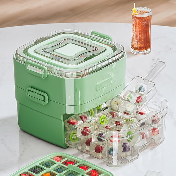Ice Storage Bin w/ Small Ice Cube Trays Molds & Scoop for Home Bar, Small Ice Bucket with Sealed Lid for Freezer, Portable Refrigerator Ice Holder Containers for Outdoor(Green)