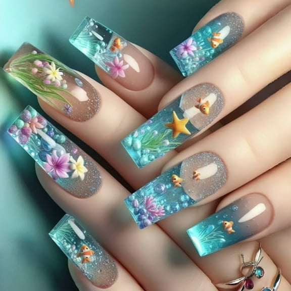 Ice Transparent Clownfish Square Press On Nails Blue Sea French Design Easy Apply Short Oval Glossy Fake Nails For Women