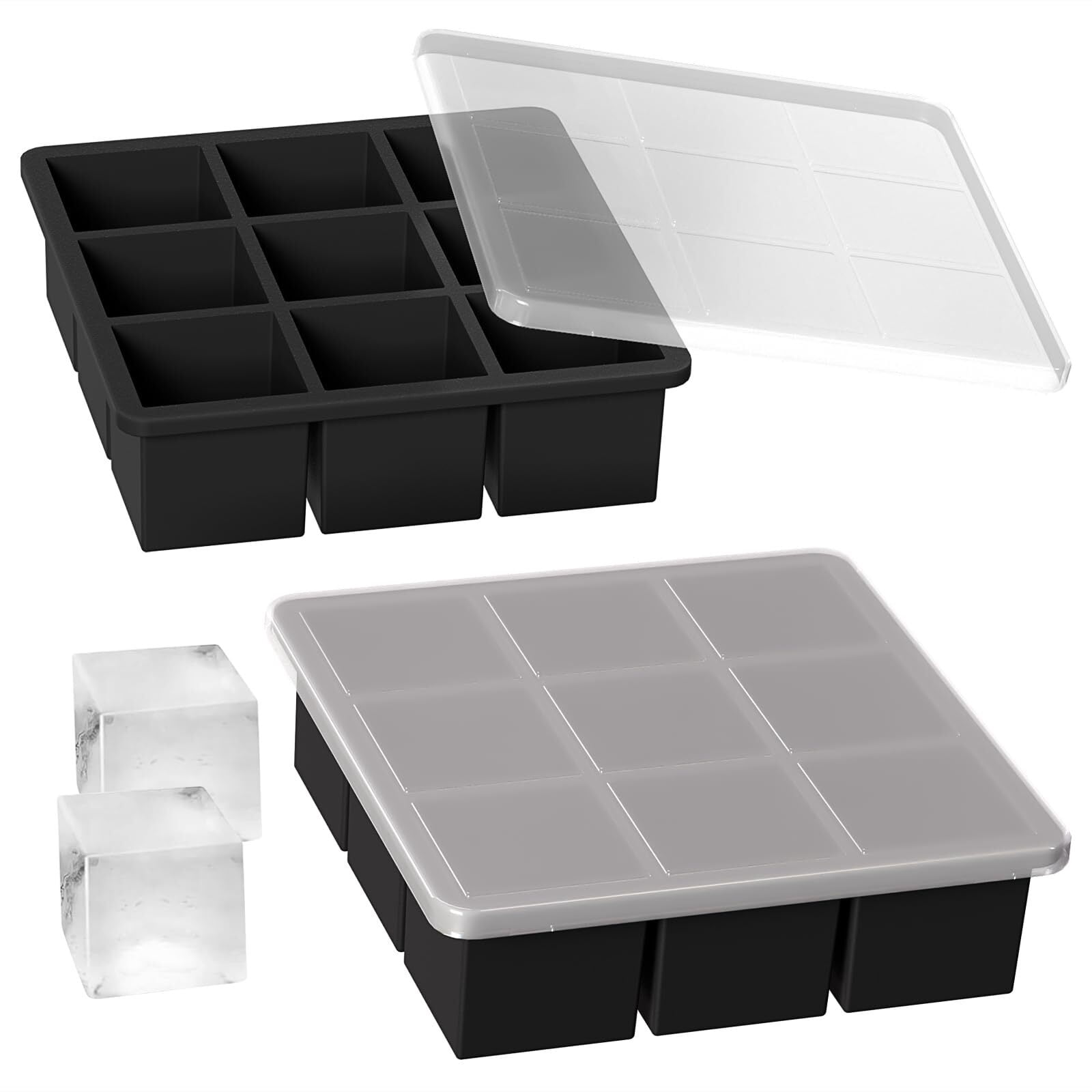 Ice Tray Combo, Silicone Reusable 2 inch Big Ice Freezer Mold, 9 Cubes ...