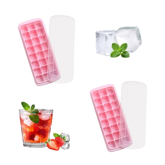Ice Tray Silicone Set of 2,Silicone Ice Trays for Freezer with Spill-Resistant Removable Lid,Stackable Ice Cube Trays,24 Cubes Square Ice Cube Mold,BPA Free,Reusable Silicone Ice Cubes.(Pink)