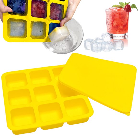 Ice Trays for Freezer | 9 Cavity Reusable Container with Lid | Ice Cubes Maker | for Whiskey Coffee Kitchen Parties Drinking Food Bar Camping Chocolate Candy Fruit (Yellow)