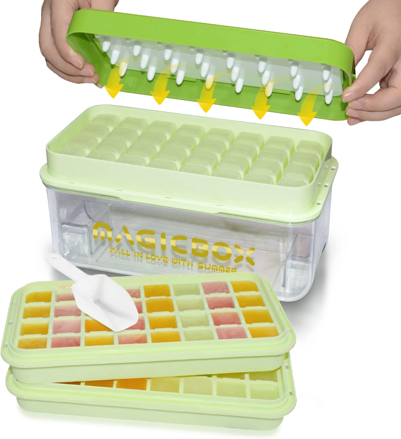 Ice Trays for Freezer with Lid and Bin,Ice Cube Trays for Freezer with 2 Trays,Easy Release 64 Pcs Ice for Chilling Cocktails Whiskey (Green)