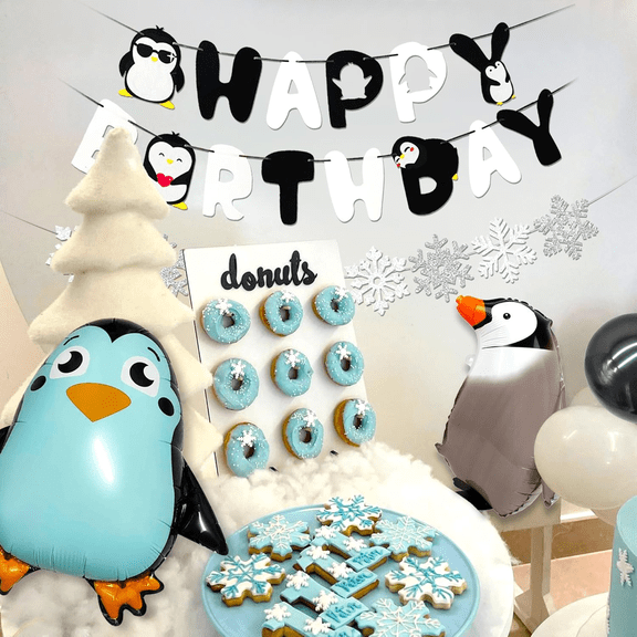 Ice and Snow Penguin Children's Birthday Decor Set - 26-piece Party Decoration Combo of Penguin and Snowflake Balloons and Banners