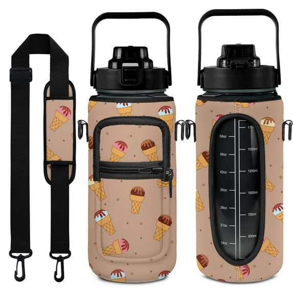 Ice-cream Brown 64 Oz Water Bottle with Measurements - BPA Free Leakproof Sport Large Plastic Water Bottle with Straw Strap & Insulated Neoprene Holder Carrier Bag Great Gift for Women Men
