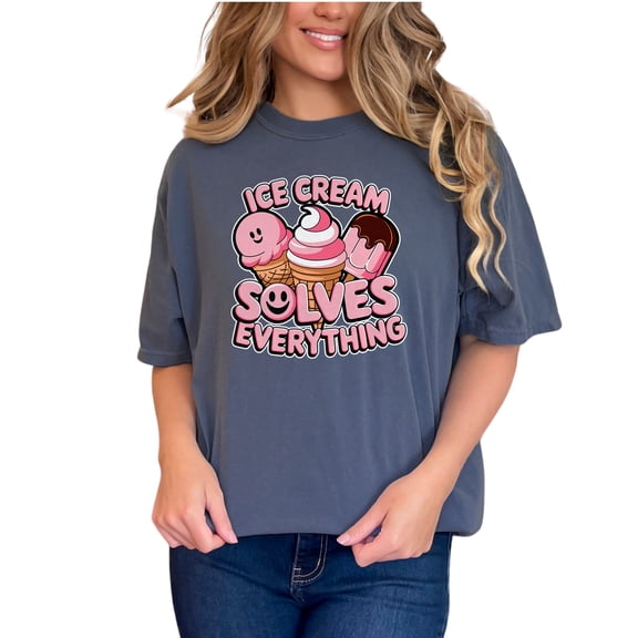 Ice cream solves everything T-Shirt, Cute dessert shirt, Fun ice cream graphic tee, Perfect gift for ice cream lovers, Denim Comfort Colors T-Shirt, 2XL