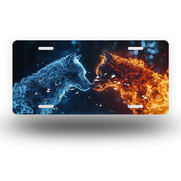 Ice and fire wolf confrontation Front License Plate,Metal License Plate,Funny Standard Plates Personalized Novelty Decorative For Men/Women/Boys/Girls Car 6×12 Inch