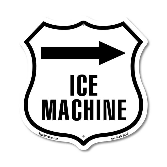 Ice machine right 18 inch X 18 inch Shield Shaped Commercial Grade Plastic Sign Weather Resistant Made in the USA