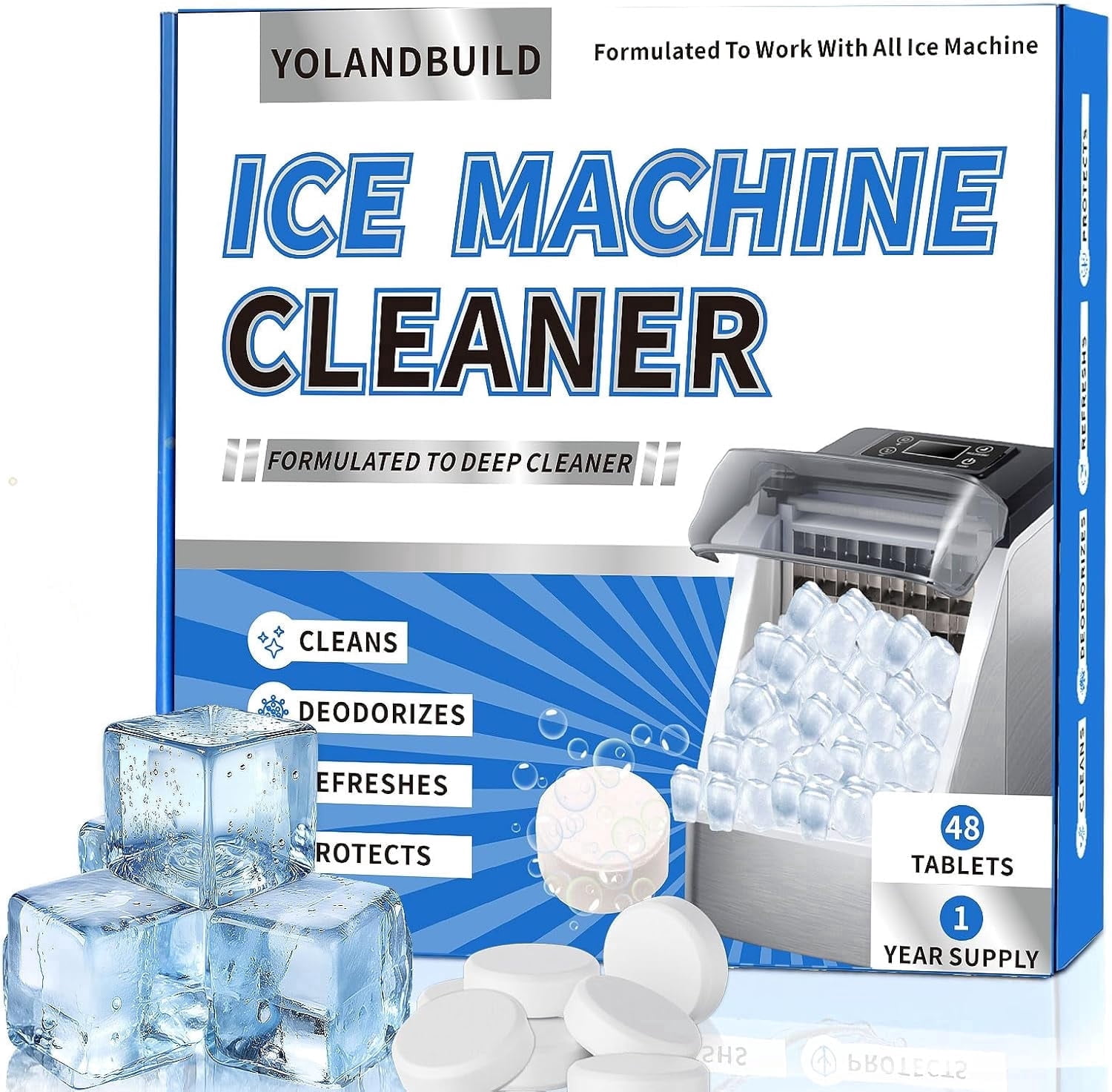 Ice maker cleaner ice maker descaler - 48 cleaning sheets, suitable for, nickel safe descaler, suitable for countertop, small ice cube maker - odorless, crystal clear ice