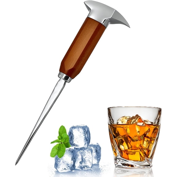 Ice pick for breaking ice, 8.85-inch long ice pick with wooden handle, stainless steel ice pick tool, suitable for kitchen, bar, bartender, home and commercial use.