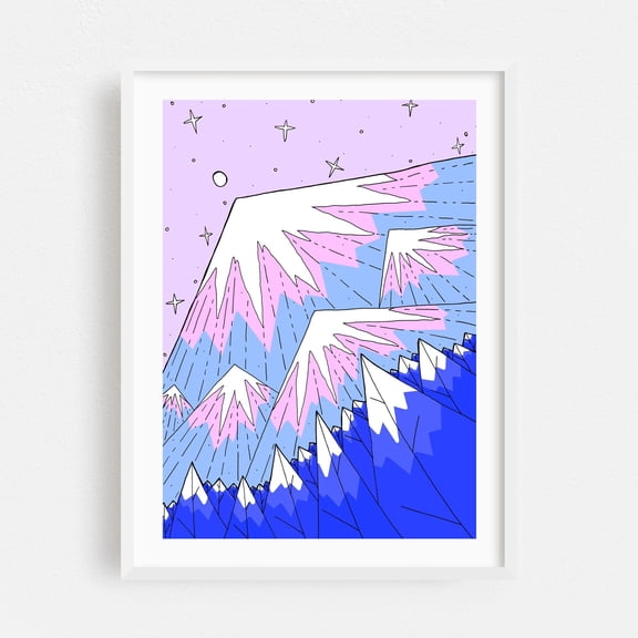 Ice pink mounts - Illustration Abstract Mountain Surrealism Space Geometric Stars Pastel White Framed Wall Art Print 12 x 16 inches