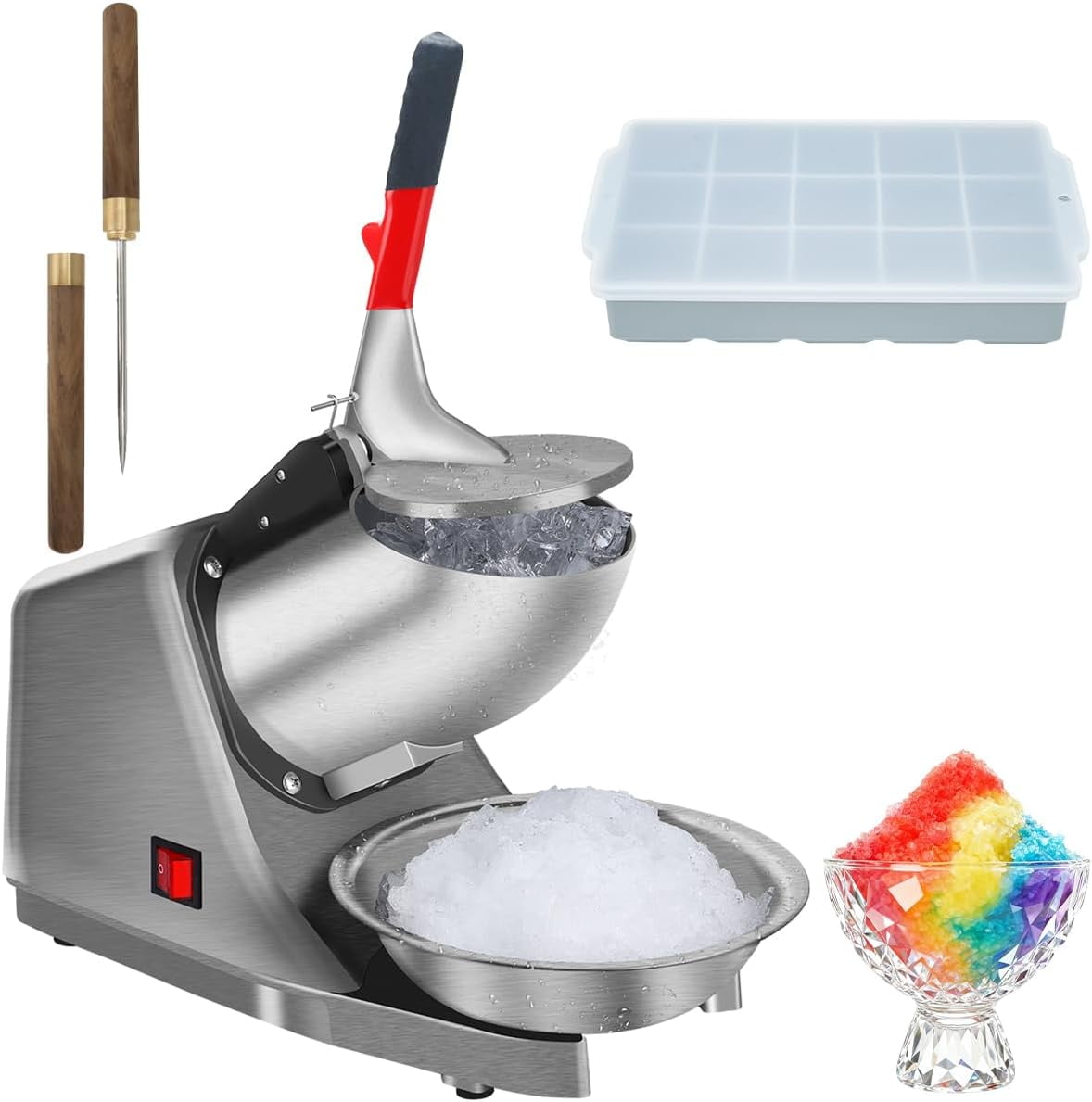 Ice shaver/snow cone maker/ice crusher with stainless steel blades, electric kitchen appliance, suitable for making shaved ice and snow cones (300W 2000 rpm), also includes ice cones and ice trays.