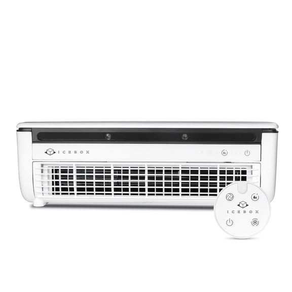 IceBox Cooling Mist Fan, Small Portable Fan with Evaporative Humidifier, For Desk or Wall Mount, 3 Speeds, 8.8oz/260ml Tank, 8-Hour Runtime per Charge, Remote, USB-C, IBCF200W, White/Gray