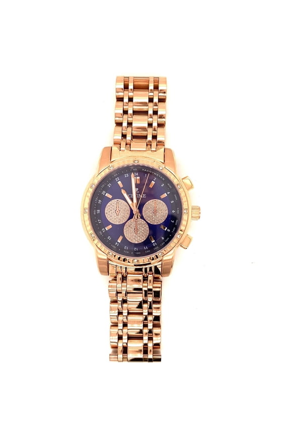 40mm Men's Rose Gold Steel Watch Iced 0.10ct Diamonds Blue Dial Mk321