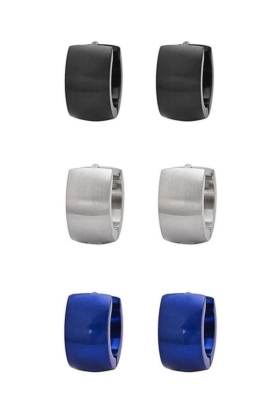 IceWave Stainless Steel Unique Small Hoop Huggie Earrings 3 Pack (Black, Silver, Blue)