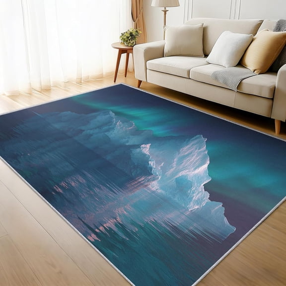 Iceberg Aurora Landscape Area Rug, Nature Scenery Pattern Carpet, Washable Non Slip Low Pile Soft Thin, Living Room Bedroom Home Decor Mat 5x8ft