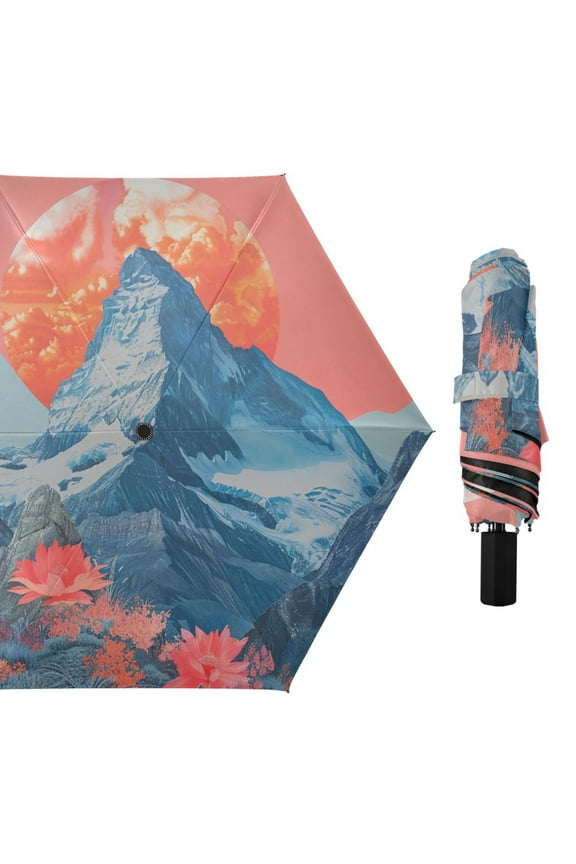 Iceberg Sun Snow Mountain Flowers All Weather Umbrella Triple Folding Parasol 6 Ribs UV Protection Portable