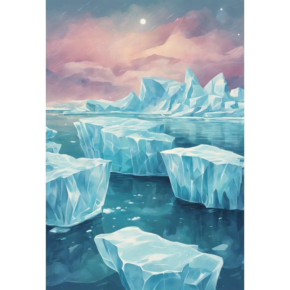 Icebergs at Dusk Digital Painting - 12" x 18" Art Print Wall Decor