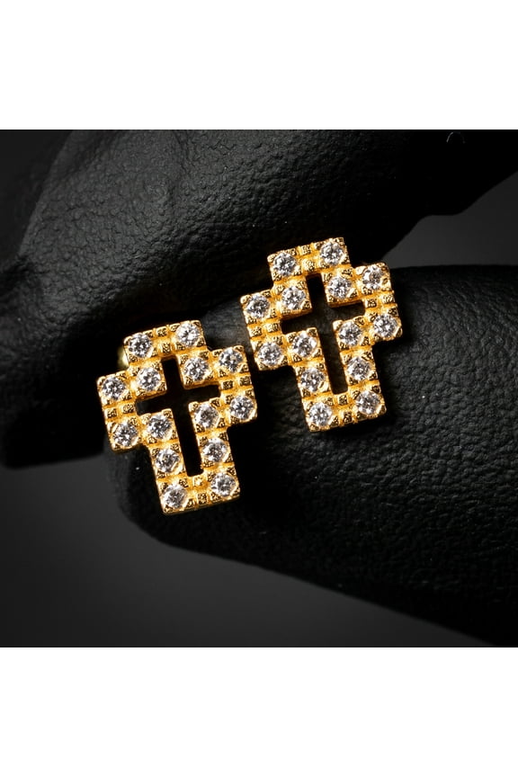 Iced 5A Cz Prong Set Mens Women's Small Hip Hop Yellow Gold 925 Sterling Silver Hypoallergenic Ice Out Cubic Zirconia Gothic Cross Screw Back Stud Earrings