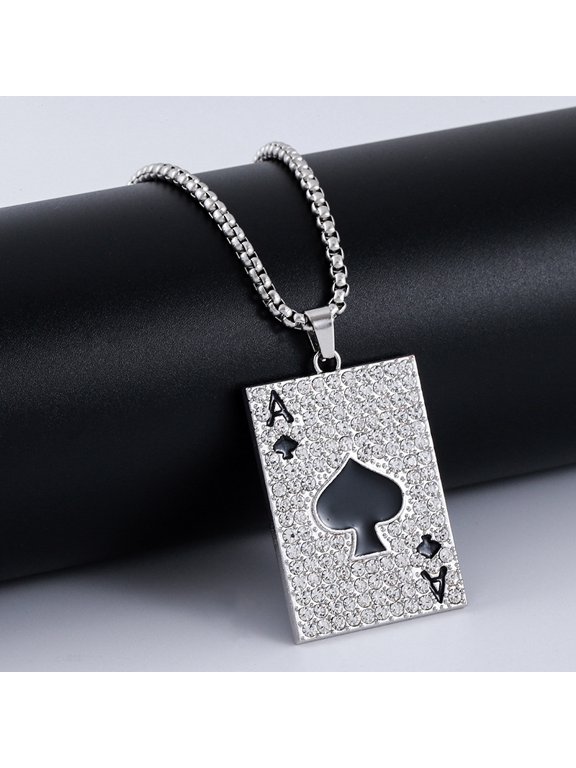 Iced Out Ace of Spades Pendant Cuban Link Chain Necklace for Men Women Bling Poker Card Rapper Hip Hop Jewelry, Cool Punk Rocker Costume Accessories