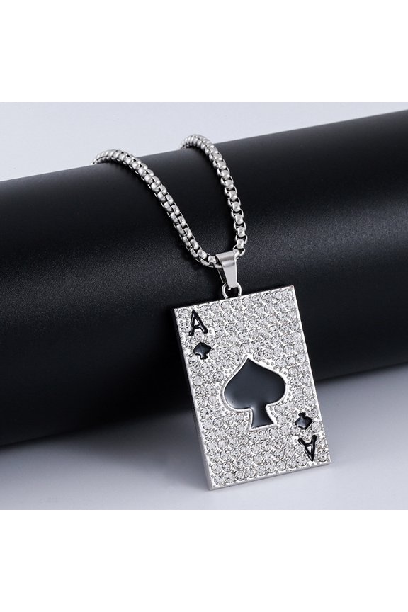 Iced Out Ace of Spades Pendant Cuban Link Chain Necklace for Men Women – Bling Poker Card Rapper Hip Hop Jewelry, Cool Punk Rocker Costume Accessories