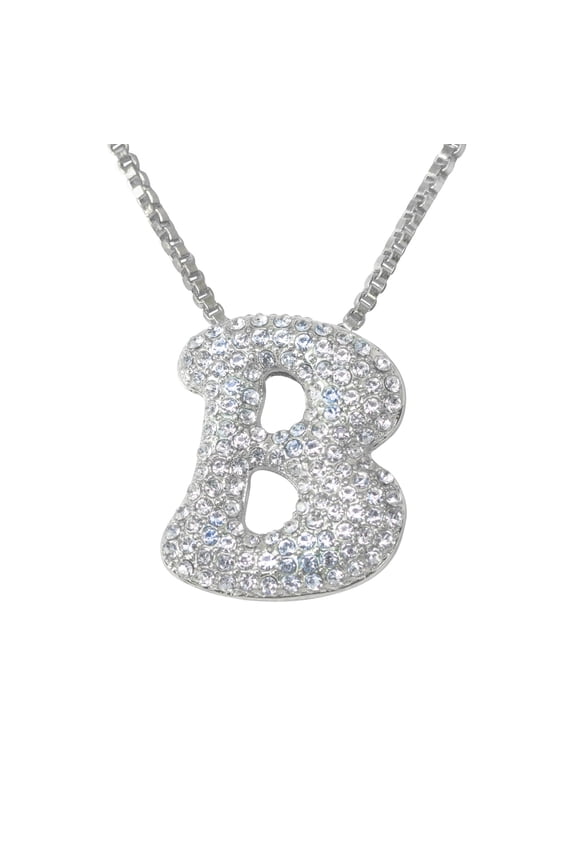Iced Bubble Letter Initial Pendant – 2” Bling Alphabet Charm Necklace - Silver Letter B