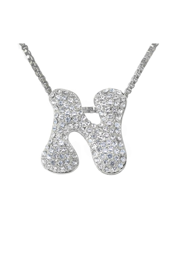Iced Bubble Letter Initial Pendant – 2” Bling Alphabet Charm Necklace - Silver Letter N