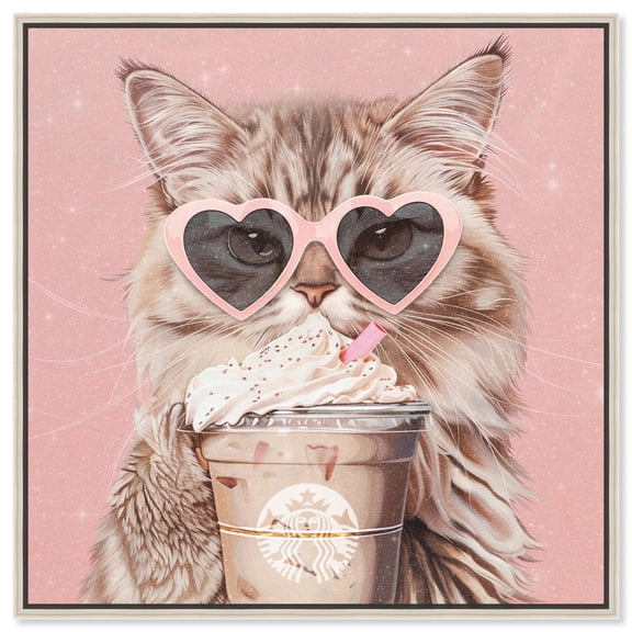 Iced Coffee Cat Canvas Cute Cat Art Prints by Art Remedy, Silver Frame, 16" x 16"