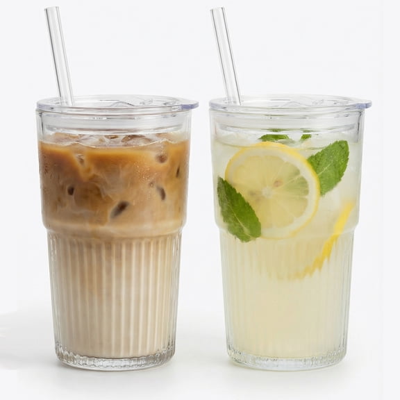 16 oz Ribbed Glass Tumblers with Lids and Glass Straws – 2 PCS Glassware Set, Thickened Wall, Ideal for Iced Coffee, Smoothies, Cocktails, and Juices – Elegant and Durable Drinkware