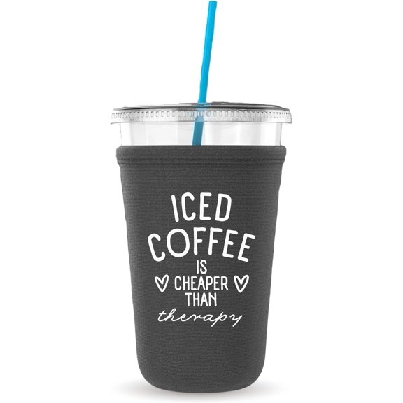 Iced Coffee Is Cheaper Than Therapy, Neoprene Iced Coffee Cup Cooler, Gift and Party Favor Drinkware Ideas, Cold Drink Sleeve (Black)