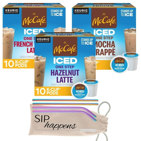 Mc Cafe Iced Coffee K Cups Variety Pack With Stainless Steel Straws Gift Set Includes Hazelnut Mocha Frappe' French Vanilla with Iridescent Straws Brush Cleaner Drawstring Bag