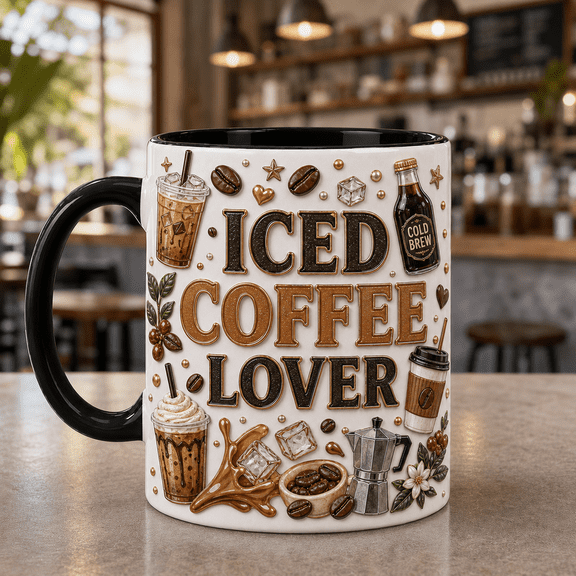 Iced Coffee Lover Mug, 3D Effect Coffee Cup Gift for Cold Brew and Coffee Beans Fans