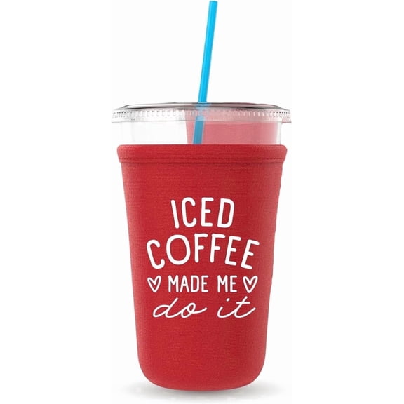 Capital City Commerce Neoprene Iced Coffee Cup Sleeve, Insulated Cold Drink Holder with “Iced Coffee Made Me Do It” Print (Red)