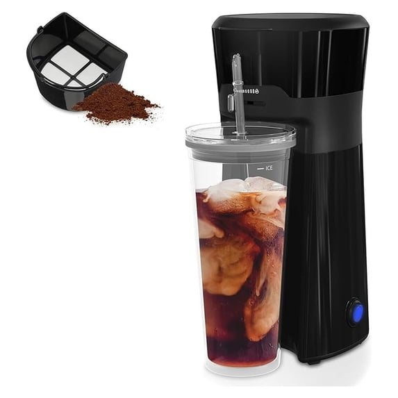 Iced Coffee Maker & Tea Brewer, 20oz Double Wall Cups, Single Serve, Strength Control, Portable Cold Brew System for Home & Office - Black