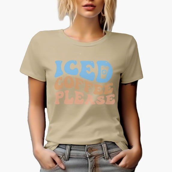 Iced Coffee Please, Groovy Retro Wavy Text Merch Gift, Tan T-Shirt, XL