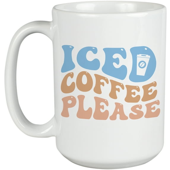 Iced Coffee Please, Groovy Retro Wavy Text Merch Gift, White 15oz Ceramic Mug
