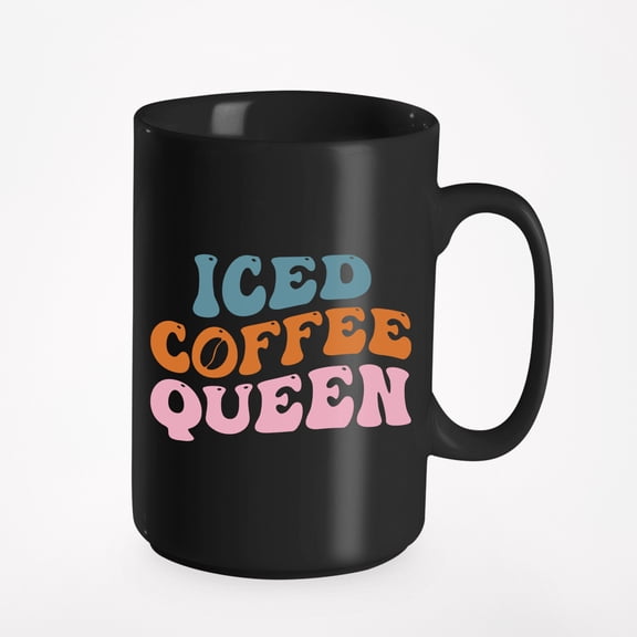 Iced Coffee Queen, Cold Coffee Lover Themed, Groovy Retro Wavy Text Merch Gift, Black 15oz Ceramic Mug