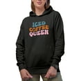 thumbnail image 1 of Iced Coffee Queen, Cold Coffee Lover Themed, Groovy Retro Wavy Text Merch Gift, Black Hooded Sweatshirt or Hoodie, Small, 1 of 5
