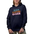 thumbnail image 1 of Iced Coffee Queen, Cold Coffee Lover Themed, Groovy Retro Wavy Text Merch Gift, Navy Blue Hooded Sweatshirt or Hoodie, Large, 1 of 5