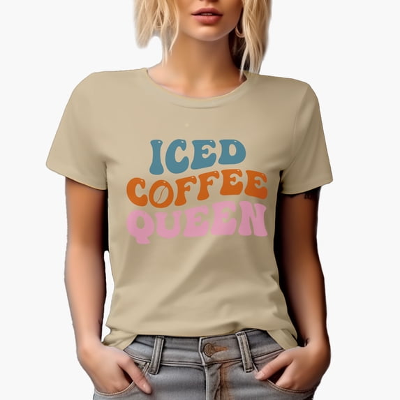 Iced Coffee Queen, Groovy Retro Wavy Text Merch Gift, Tan T-Shirt, 2XL