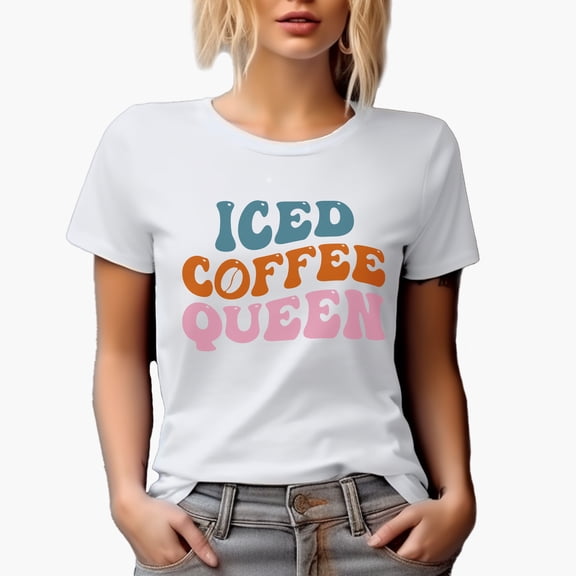 Iced Coffee Queen, Groovy Retro Wavy Text Merch Gift, White T-Shirt, Small