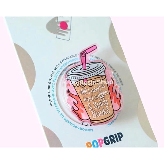 Iced Coffee & Spicy Books Phone Grip, Pink Coffee Accessory, Cute Book Lover PopSocket, Trending Phone Grip for Readers, Bookish Accessories