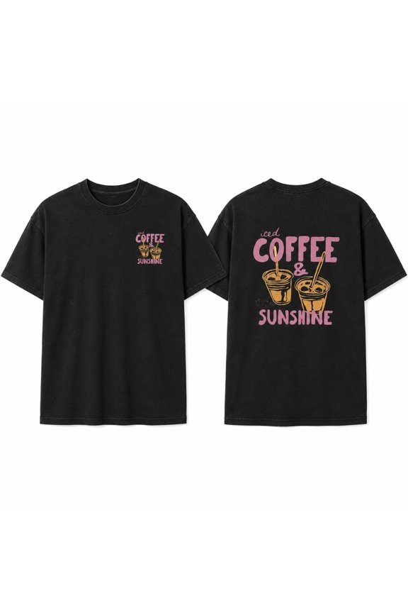 Iced Coffee & Sunshine Graphic T-Shirt | Vintage Washed Unisex Tee | Double-Sided Print | S–4XL