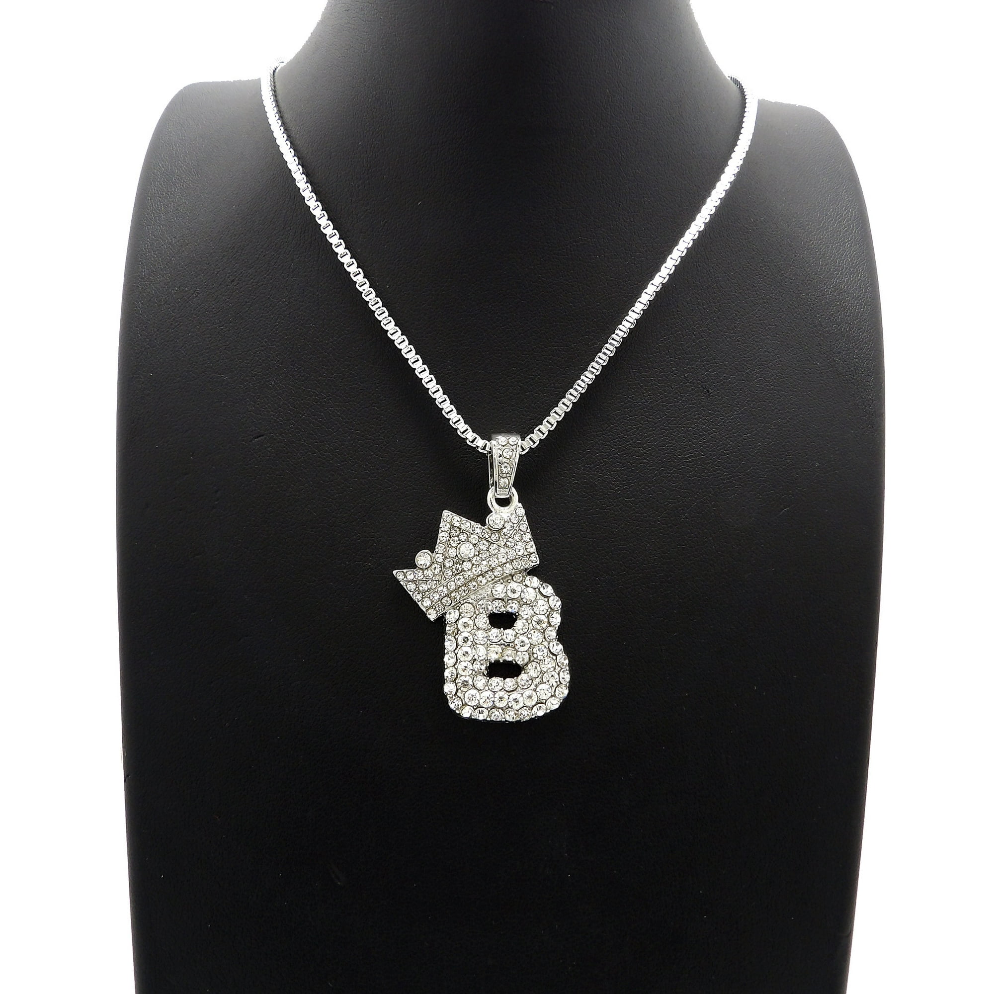 Iced Crown Bubble Personalized Initial Letter Pendant with 2mm/24 inch Box Chain Necklace ( Silver B ), Adult Unisex