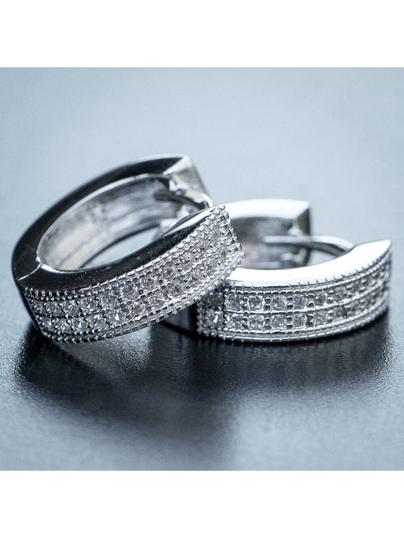 Small Iced CZ Hoops with Cubic Zirconia 14K White Gold Plated 925 Sterling Silver Post Ear Cuff 12mm Huggie Hoop Earrings Wonderful Gift Choice for Men And Women