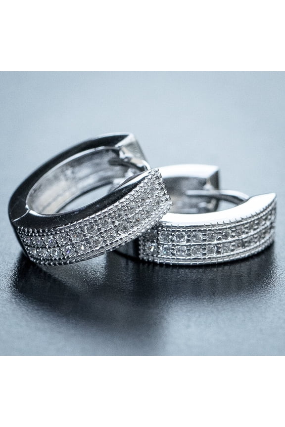 Small Iced CZ Hoops with Cubic Zirconia 14K White Gold Plated 925 Sterling Silver Post Ear Cuff 12mm Huggie Hoop Earrings Wonderful Gift Choice for Men And Women