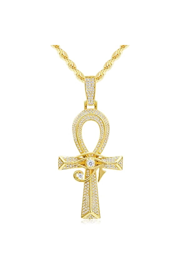 Iced Out Eye of Horus Ankh Cross Pendant Ancient Egyptian Necklace Chain 14K Gold White Gold Plated Protection Jewelry for Men Women with Stainless Rope Chain