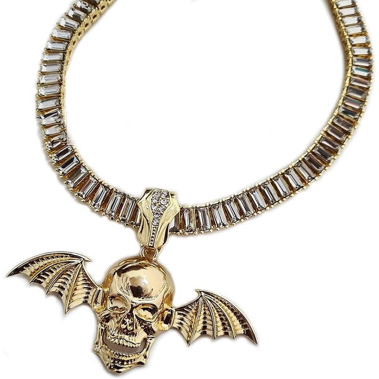 Iced Gold Plated Avenged Sevenfold Skull Flying Bat Wings Charm