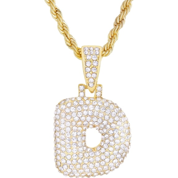 Iced Hip Hop A - Z Initial Bubble Letter 14K Gold Plated Real Feel Heavy 20" Rope Chain Necklace Set / D / Gold