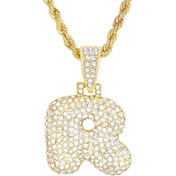 Iced Hip Hop A - Z Initial Bubble Letter 14K Gold Plated Real Feel Heavy 20" Rope Chain Necklace Set / R / Gold