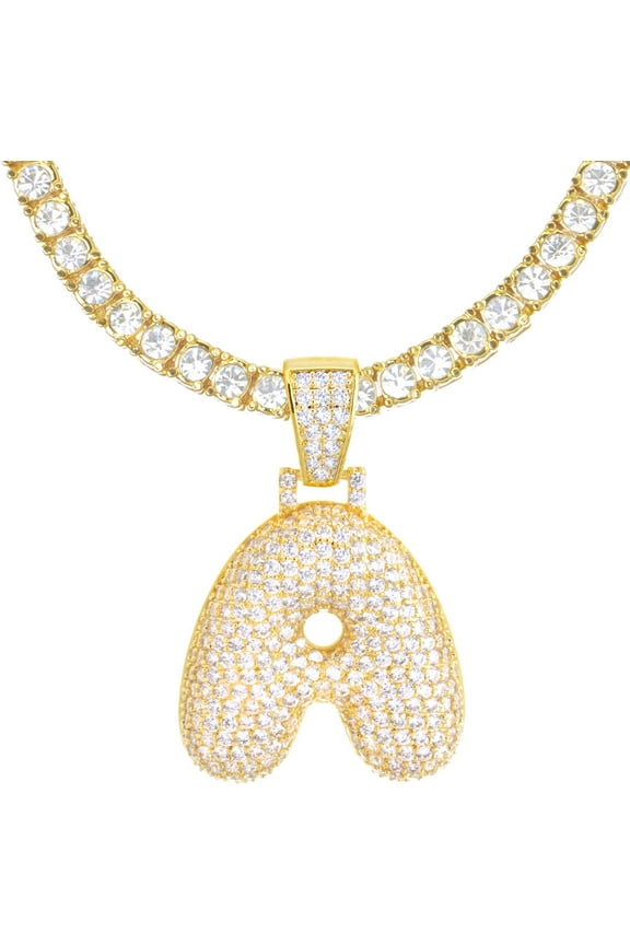 Iced Hip Hop A - Z Initial Bubble Letter 14K Gold Plated Real Feel Heavy 24" Tennis Chain Necklace Set / A / Gold
